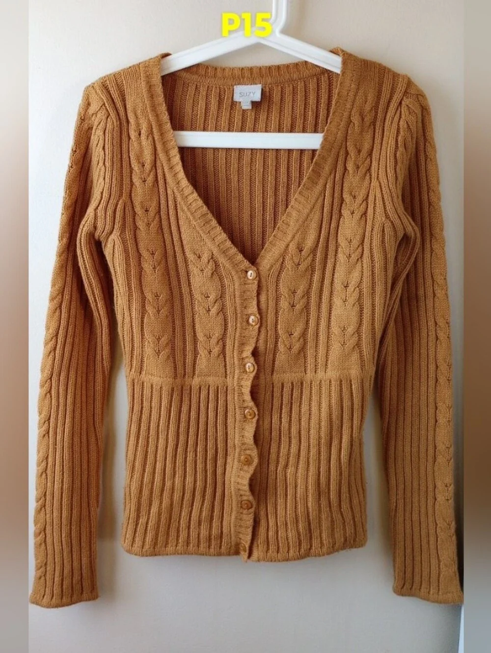 Cable Knit V-Neck Button-Front Sweater Cardigan - Mustard Small - Picture 2 of 5